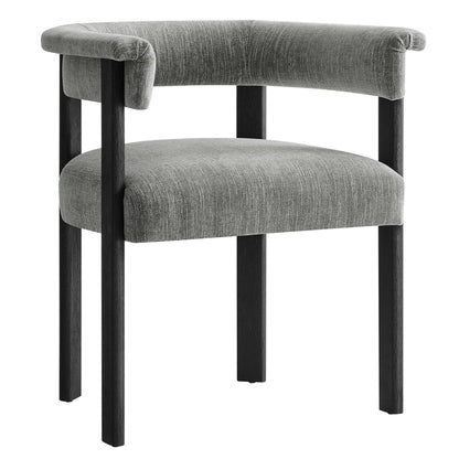 Gray fabric upholstered barrel dining chairs with black wood legs, curved back and rounded seat (set of 2).