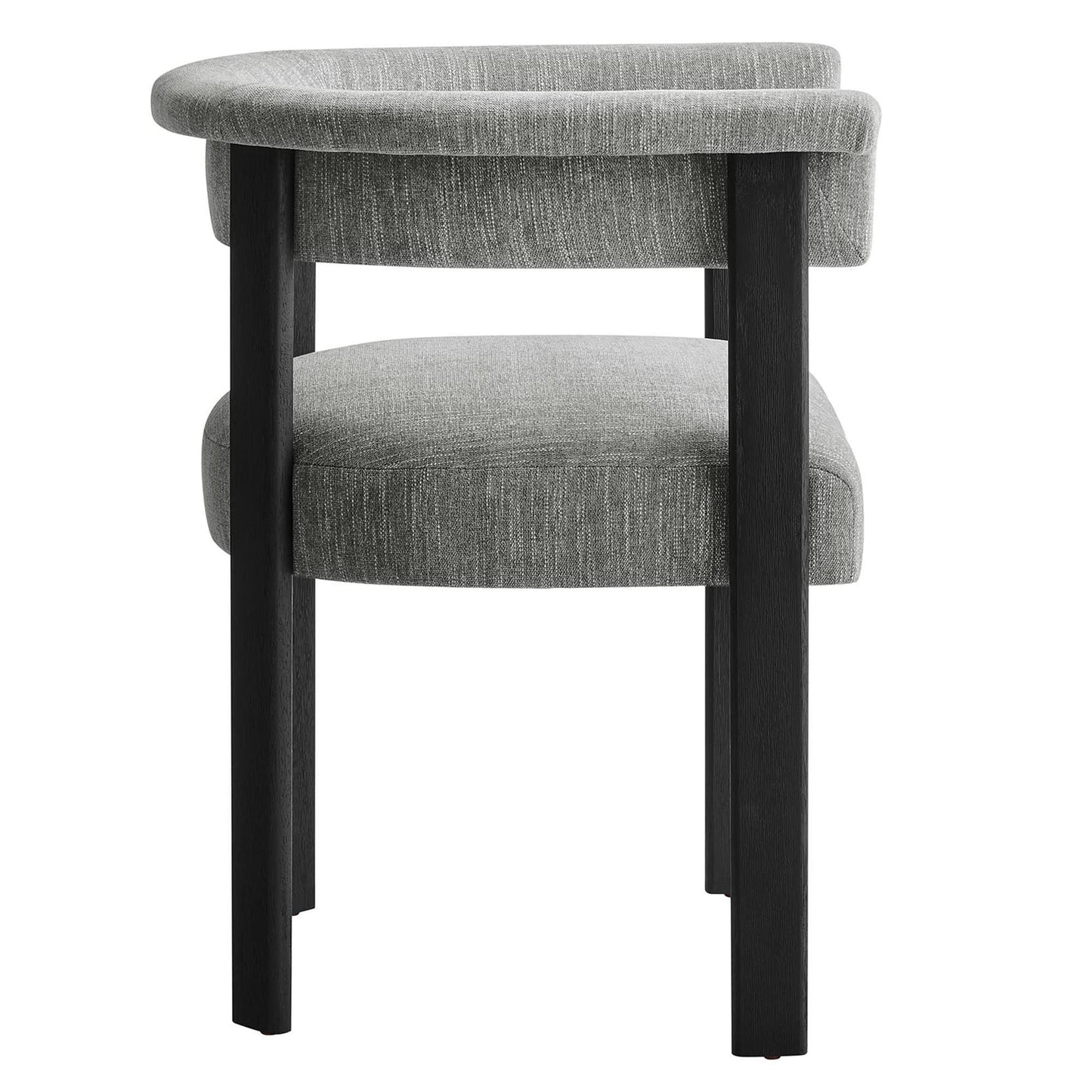 Gray textured fabric armchair with black wooden legs and curved arms, mid-century modern style.