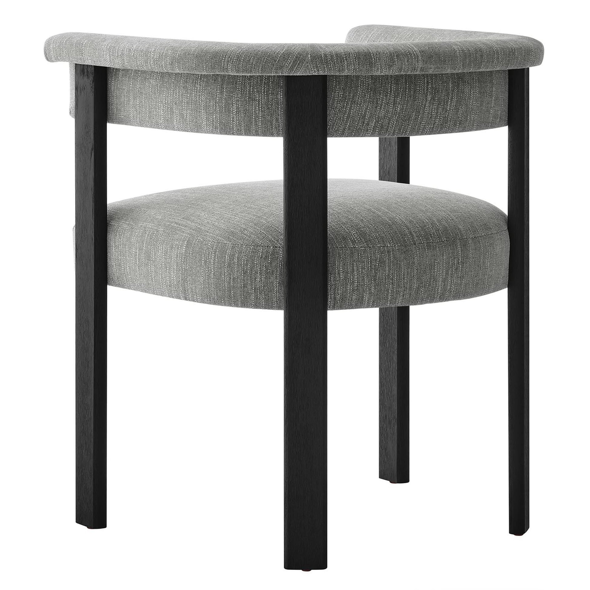 Gray fabric upholstered barrel dining chairs with black wooden legs and curved backs, set of 2.