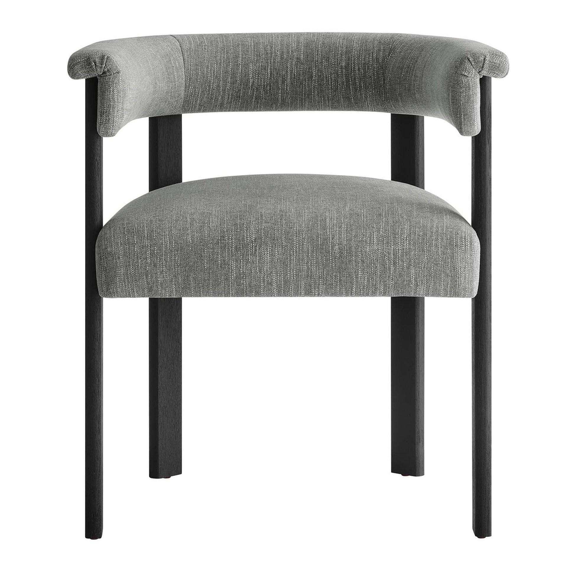 Gray fabric upholstered barrel-back dining chairs with integrated armrests on black tapered legs; set of 2.