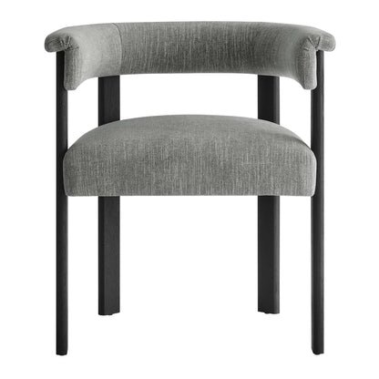 Gray fabric upholstered barrel-back dining chairs with integrated armrests on black tapered legs; set of 2.