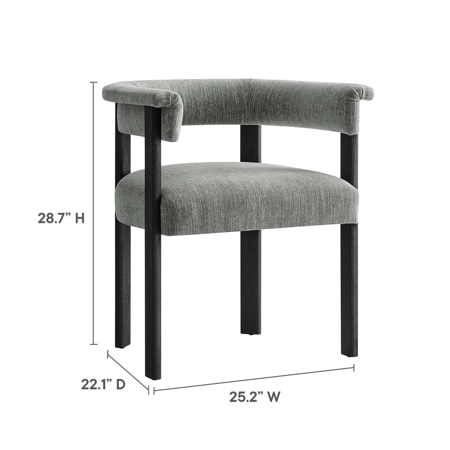 Gray fabric upholstered barrel dining chairs set of 2 with dark wood legs in a mid-century style.