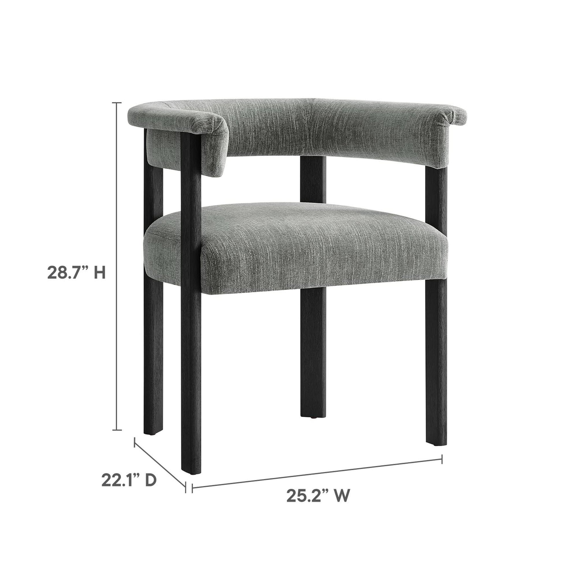 Gray fabric upholstered barrel dining chairs set of 2 with dark wood legs in a mid-century style.