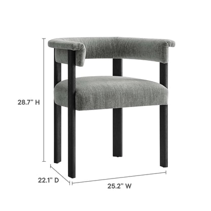 Gray fabric upholstered barrel dining chairs set of 2 with dark wood legs in a mid-century style.
