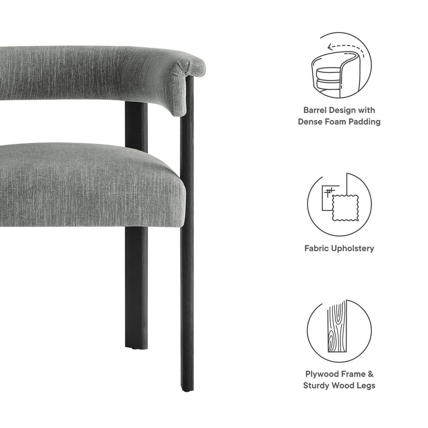 Grey fabric barrel-arm dining chairs set of 2 with dense foam padding on a plywood frame and black wood legs.