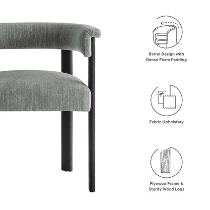 Grey fabric barrel-arm dining chairs set of 2 with dense foam padding on a plywood frame and black wood legs.