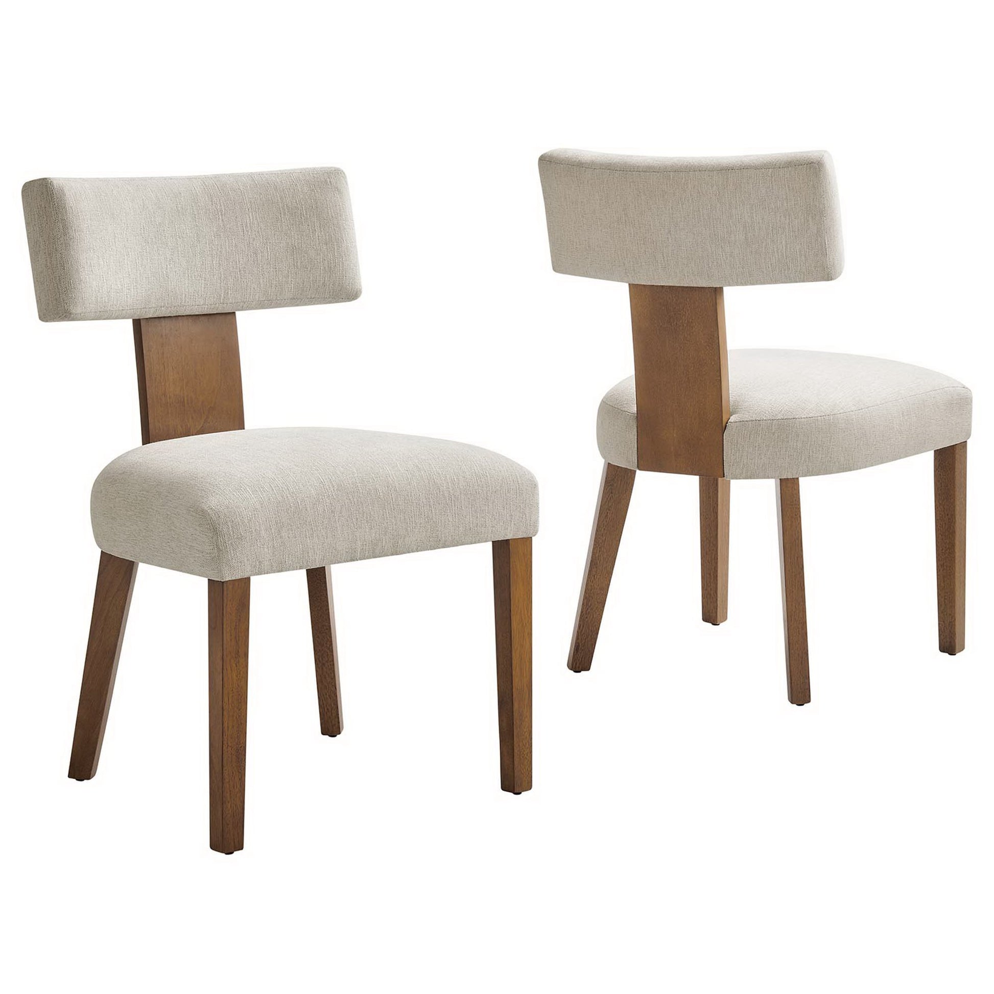 Pair of white upholstered dining chairs with rectangular backrests and brown wooden legs, mid-century style.