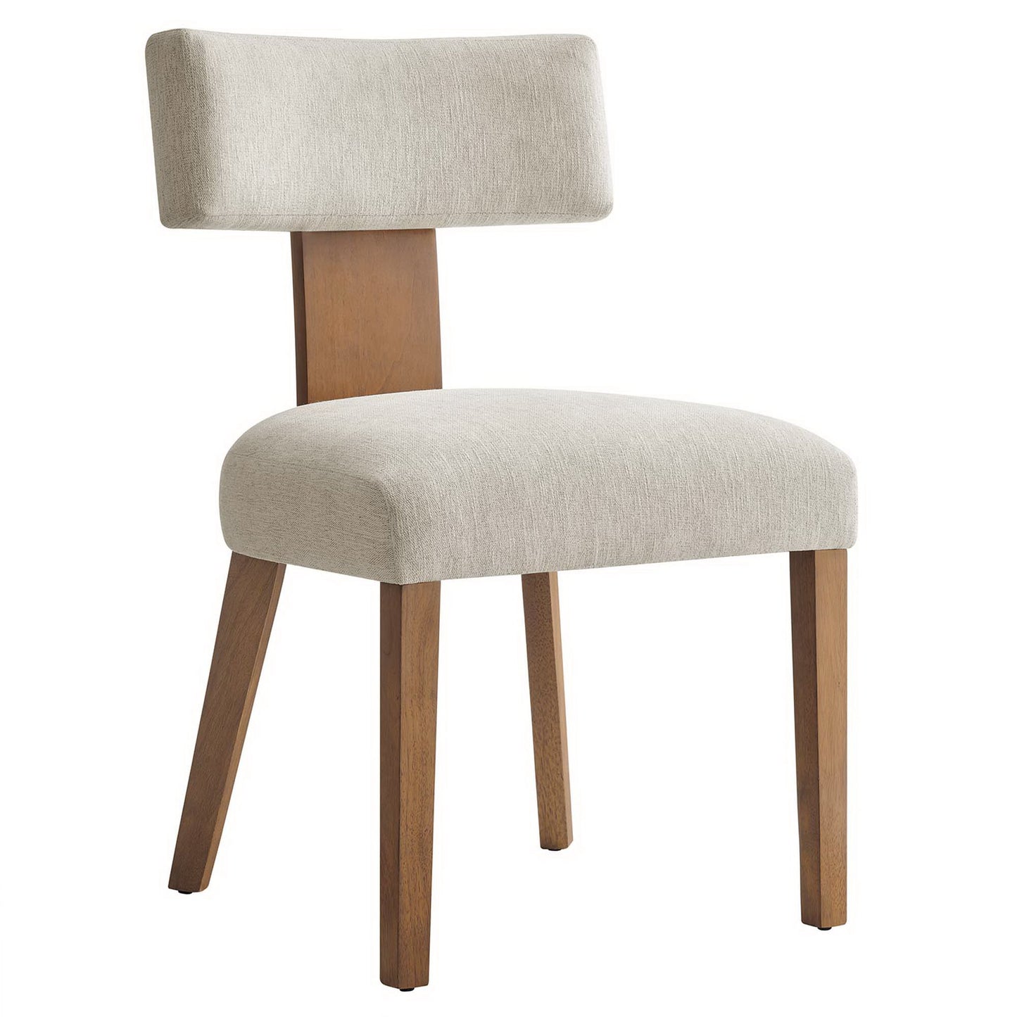 White fabric-upholstered dining chairs set of 2 with wooden legs and cushioned backrests.
