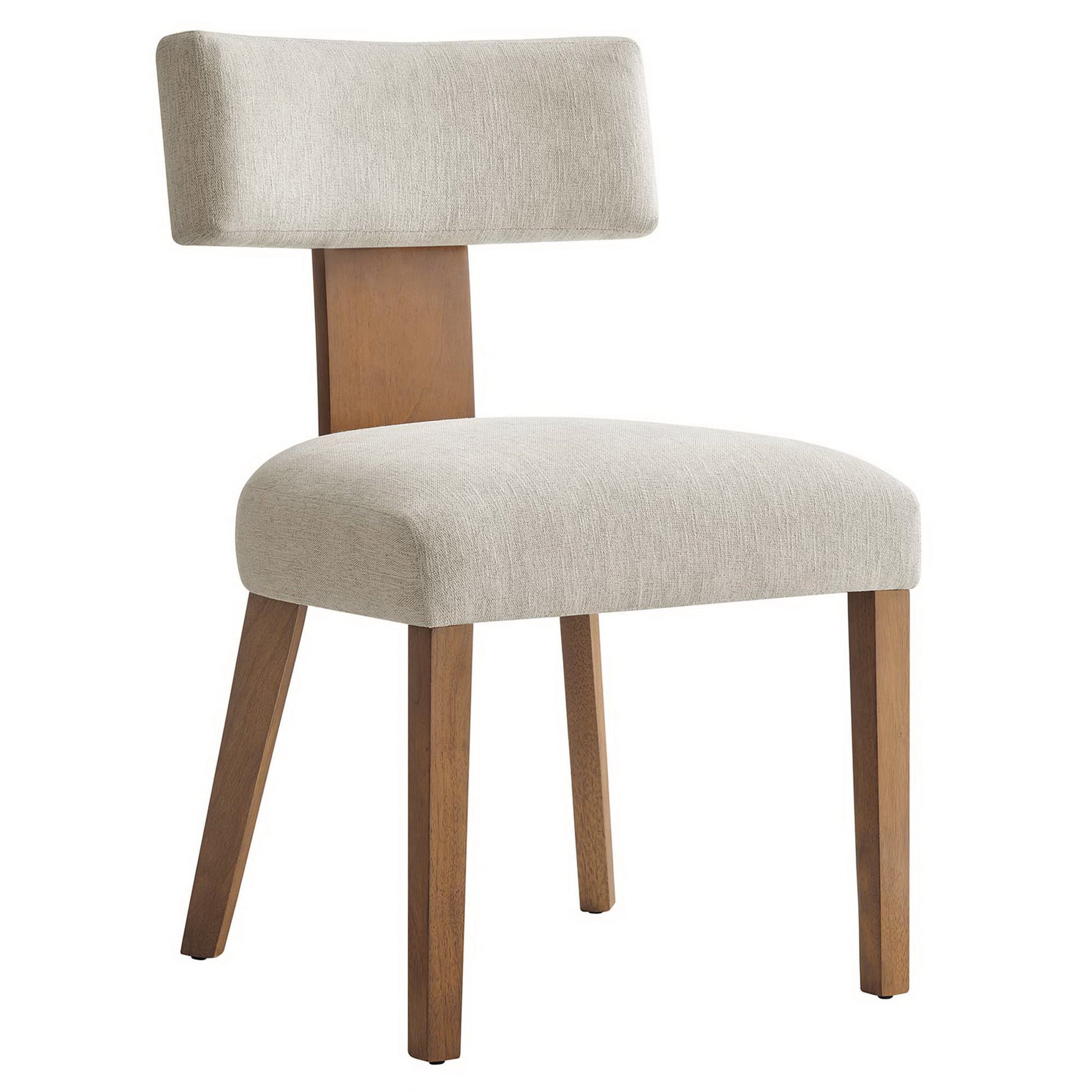 White fabric-upholstered dining chairs set of 2 with wooden legs and cushioned backrests.