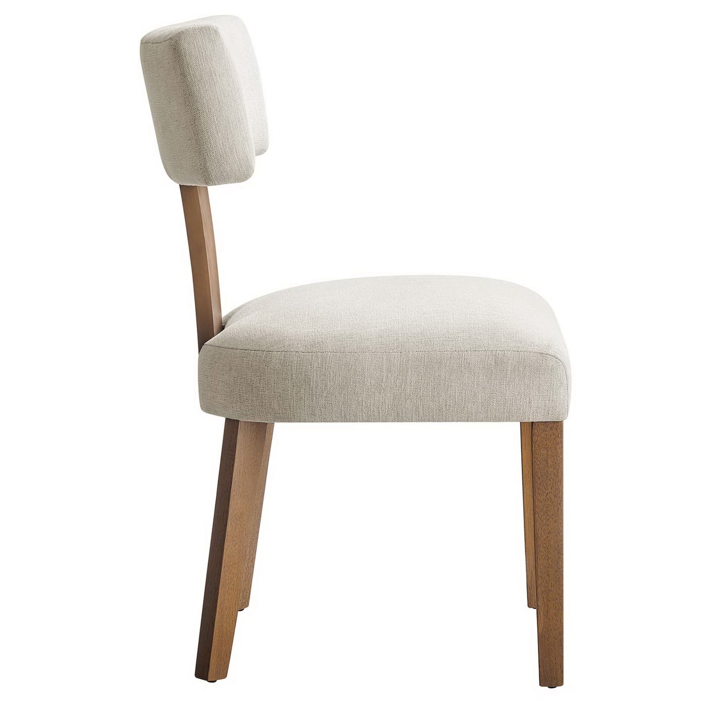 White fabric upholstered dining chairs, set of 2, with natural wood legs and small square back cushions.