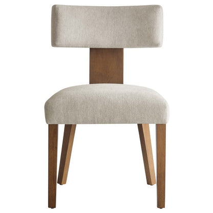 White fabric upholstered dining chairs with cushioned seats and backrests, wooden legs; set of 2, mid-century modern design.