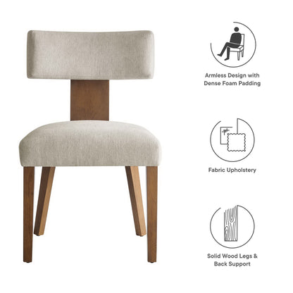 Pair of white fabric-upholstered armless dining chairs with dense foam padding, solid wood legs & back support.