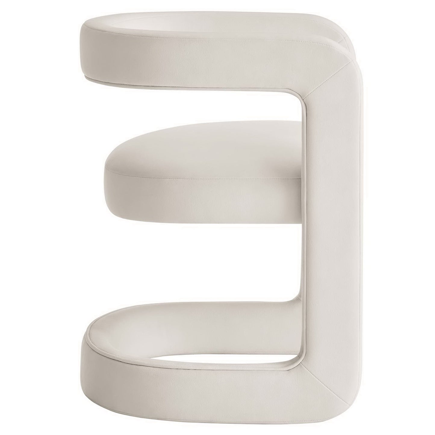 White performance velvet dining chair with a rounded barrel back and padded seat.