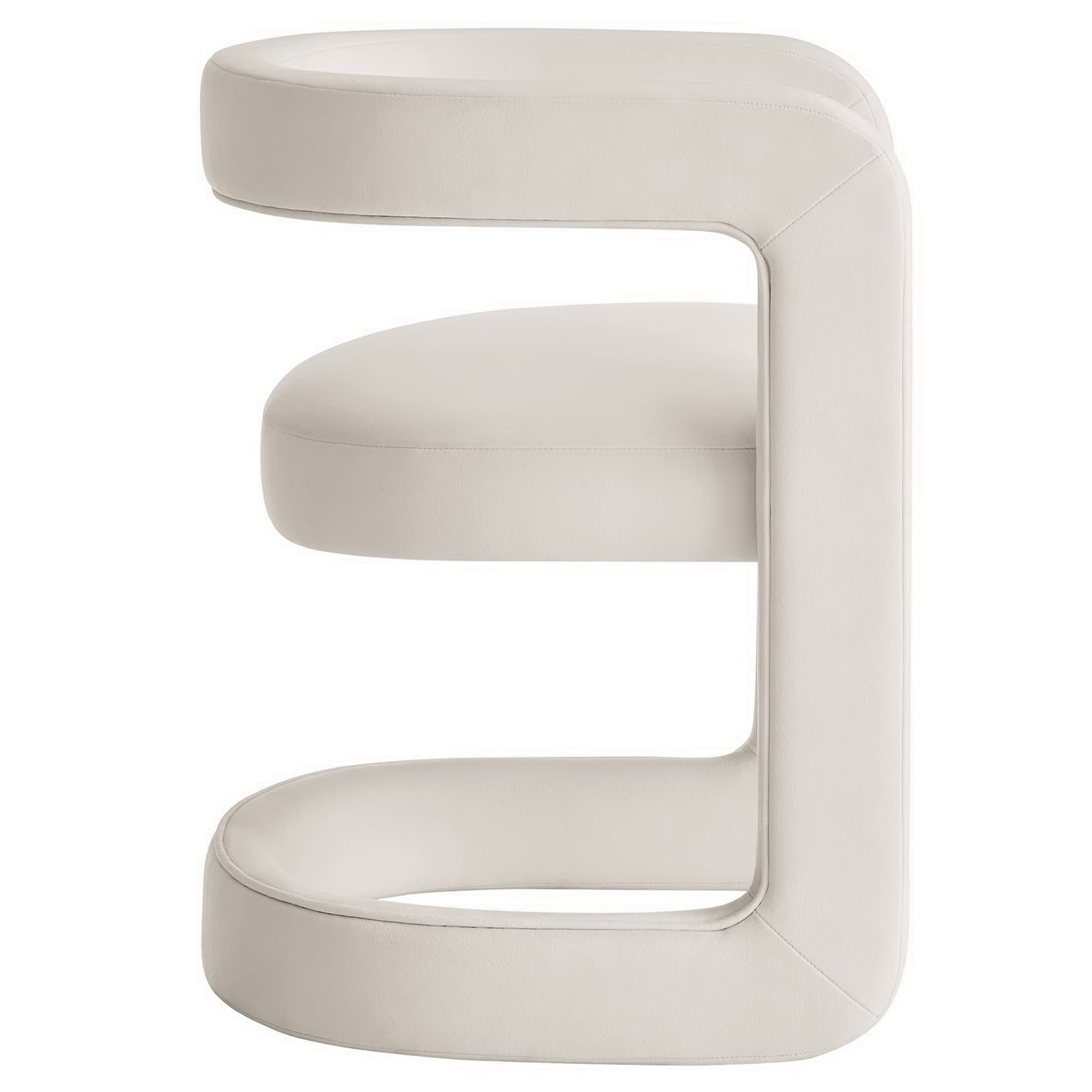 White performance velvet dining chair with a rounded barrel back and padded seat.