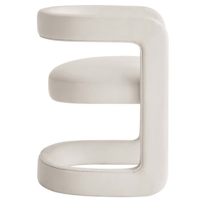 White performance velvet dining chair with a rounded barrel back and padded seat.