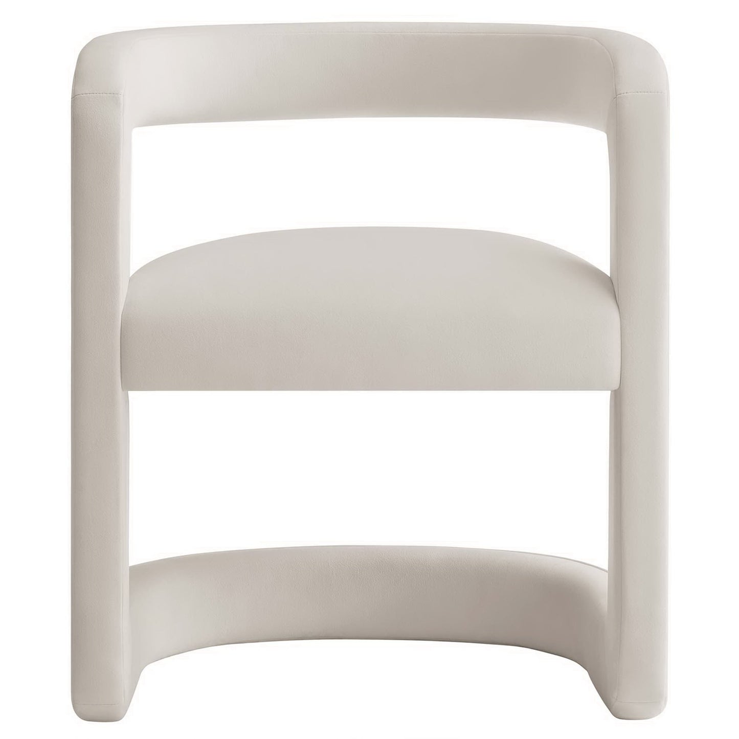 Ivory curved-frame dining chair with rounded sides and two padded velvet cushions; modern dining room seating.