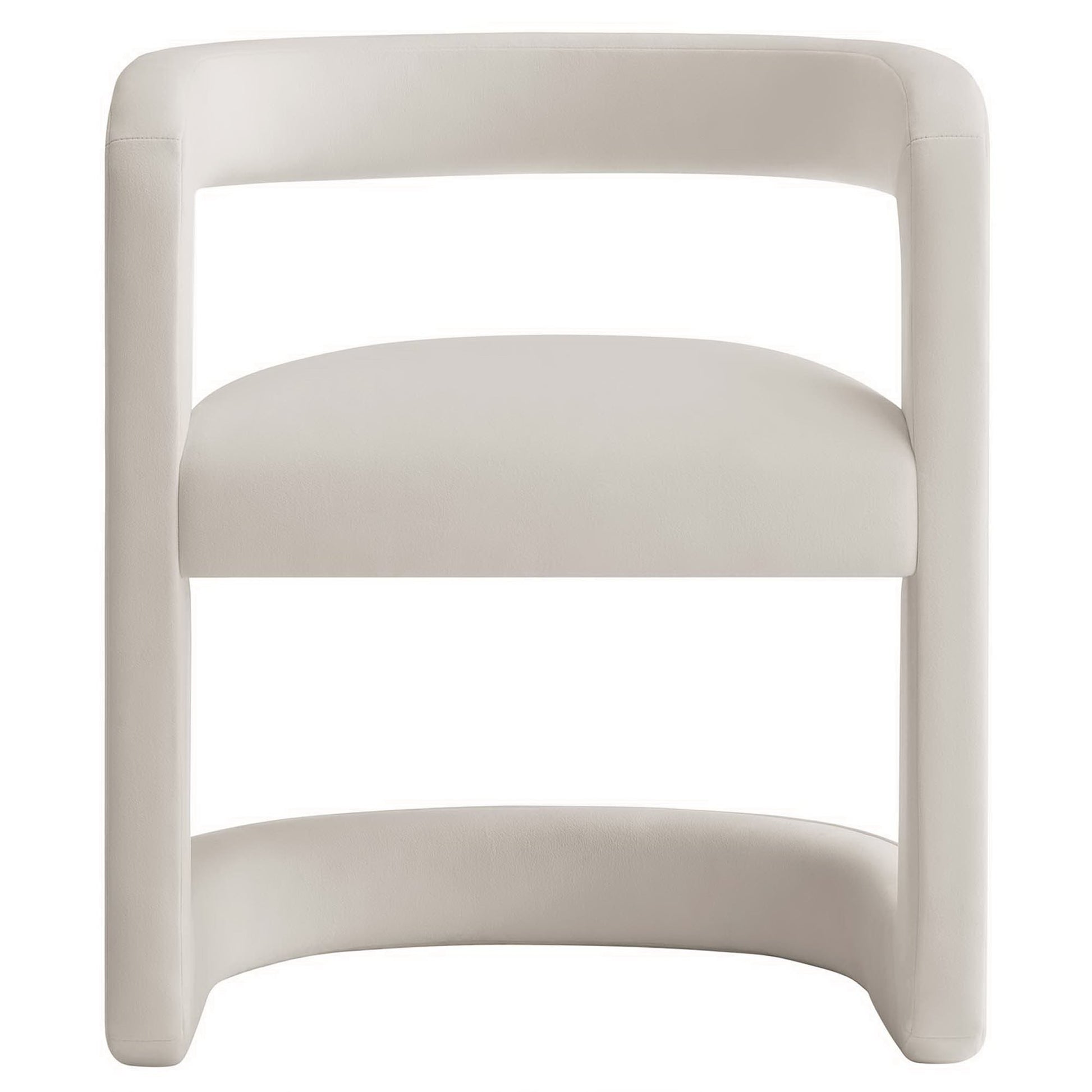 Ivory curved-frame dining chair with rounded sides and two padded velvet cushions; modern dining room seating.