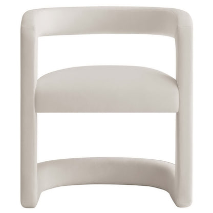 Ivory curved-frame dining chair with rounded sides and two padded velvet cushions; modern dining room seating.
