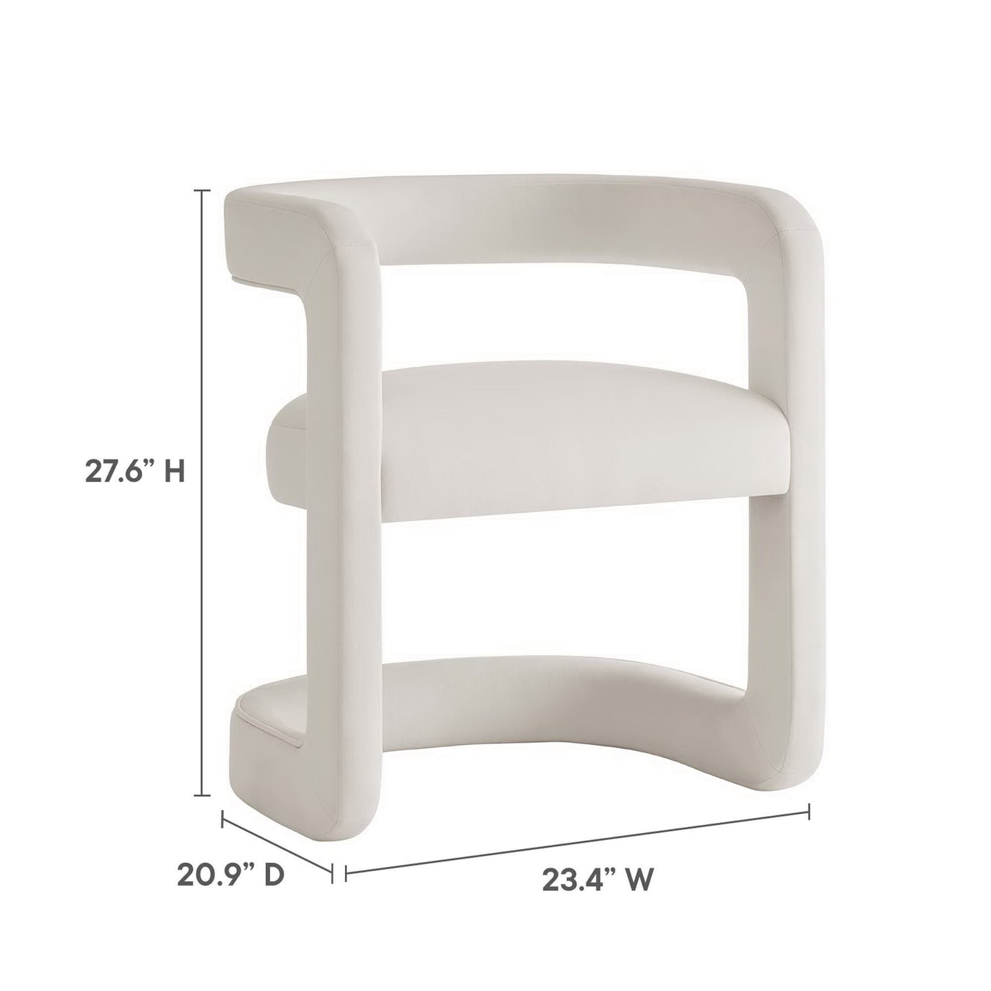 Cream velvet dining chair with a curved open-frame back and cushioned seat and back; modern contemporary styling.