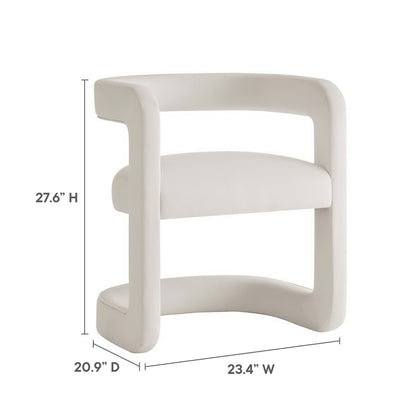 Cream velvet dining chair with a curved open-frame back and cushioned seat and back; modern contemporary styling.