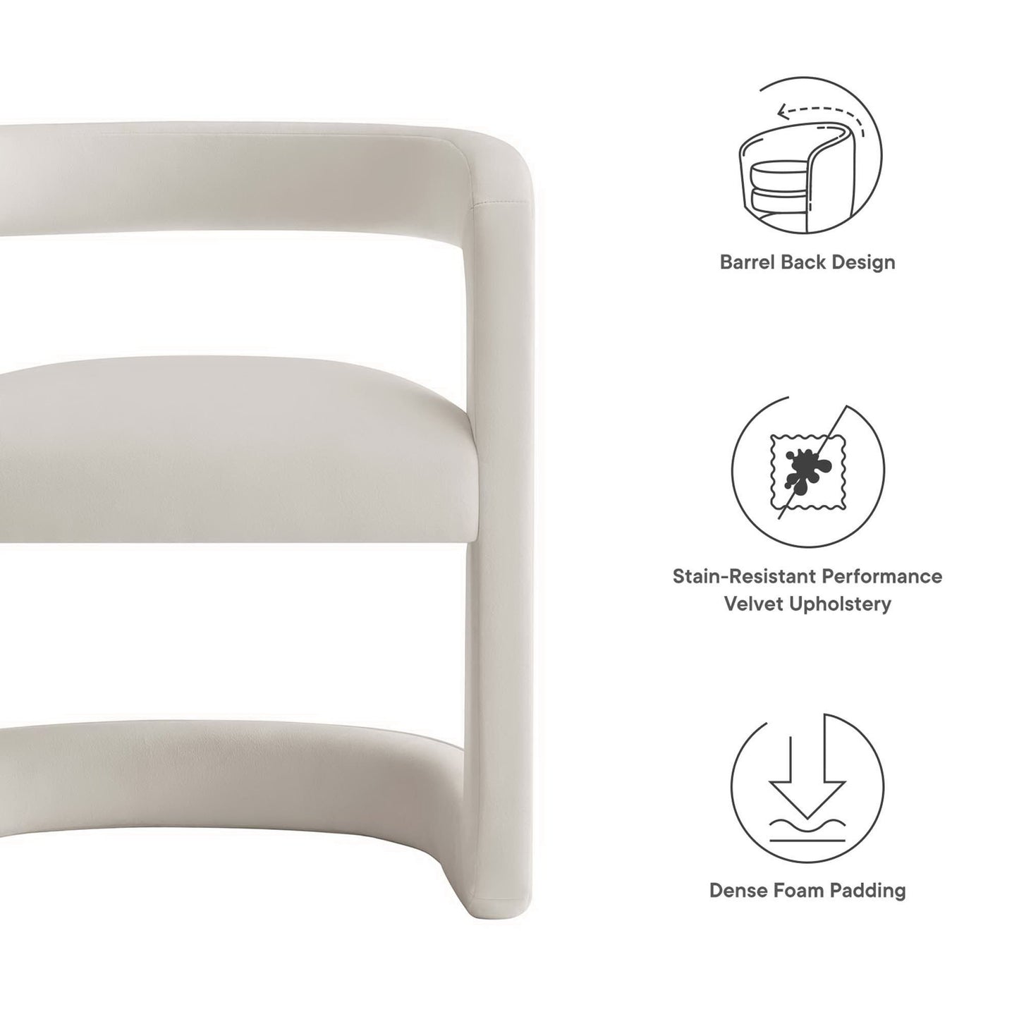 Beige velvet dining chair with barrel back, curved arms, stain-resistant upholstery, dense foam padding.