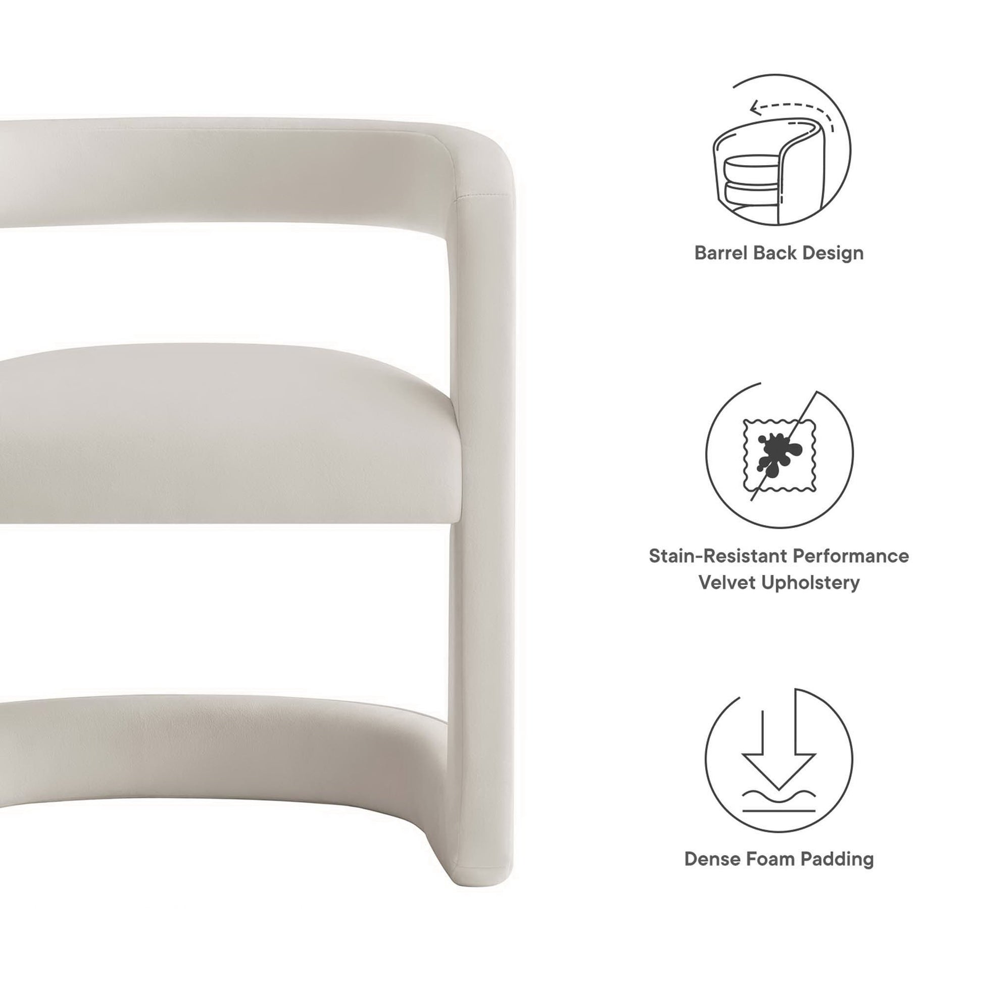 Beige velvet dining chair with barrel back, curved arms, stain-resistant upholstery, dense foam padding.