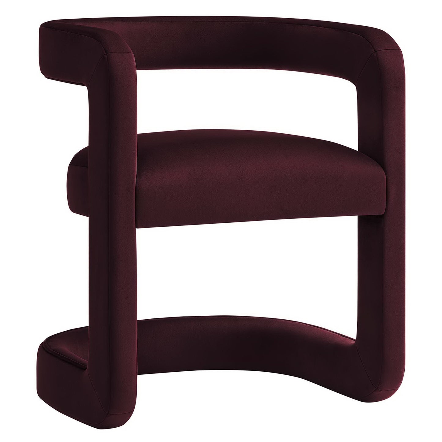 Red velvet barrel dining chair with cushioned seat and rounded frame
