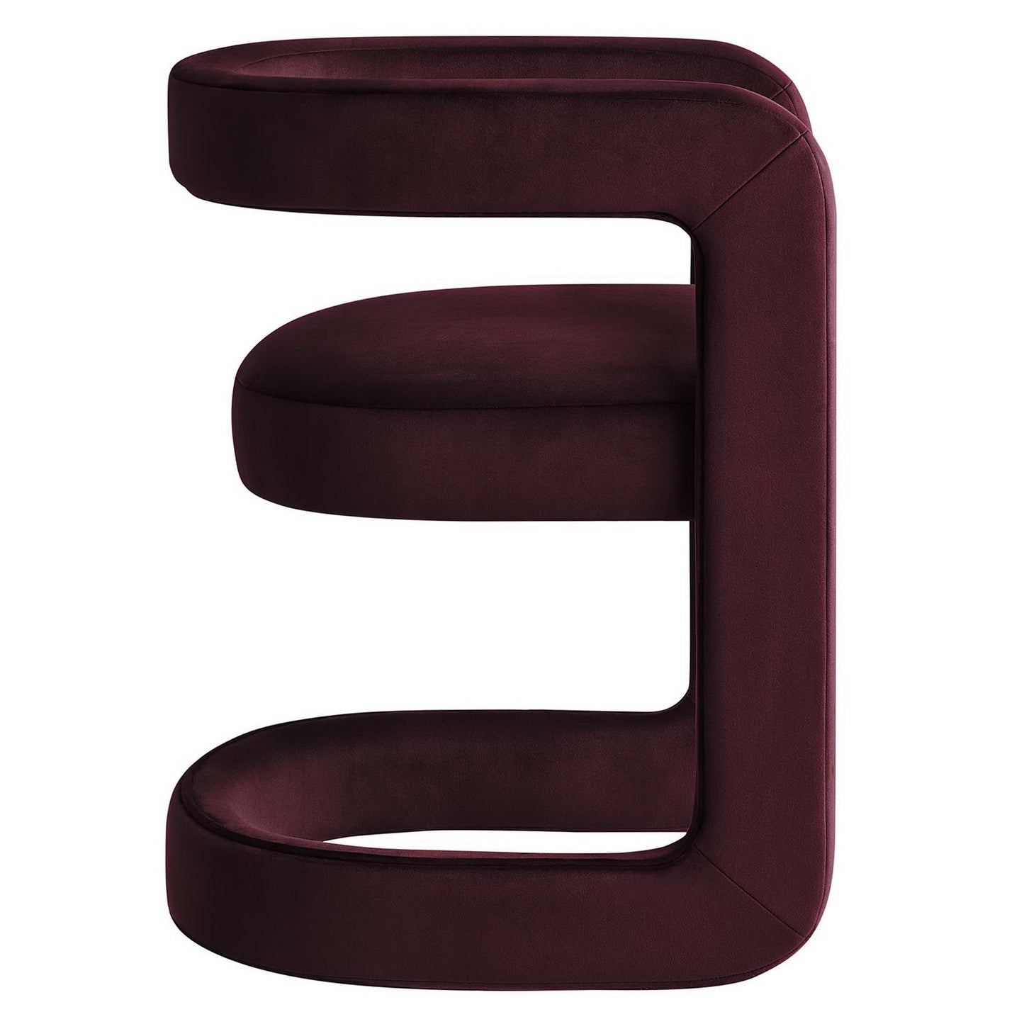 Deep burgundy velvet sculptural dining chair with a continuous curved frame forming an open center, modern accent seating.