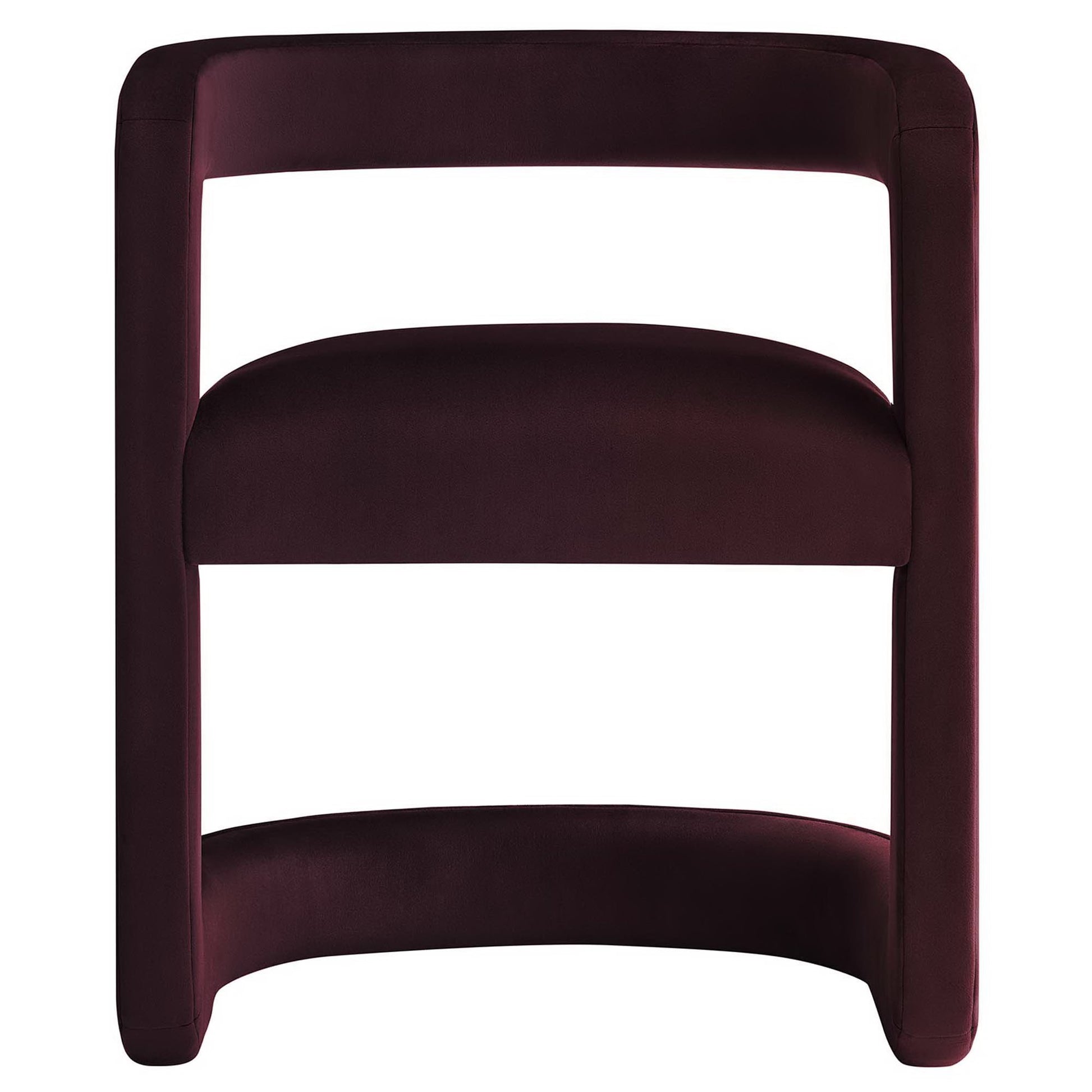 Burgundy velvet dining chair with sculptural curved frame and two padded horizontal cushions.