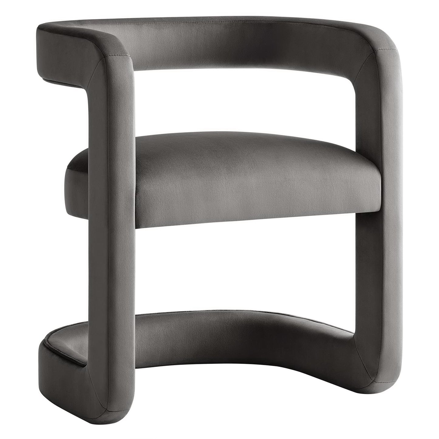 Gray upholstered curved-arm accent chair with a rounded U-shaped frame and cushioned seat.