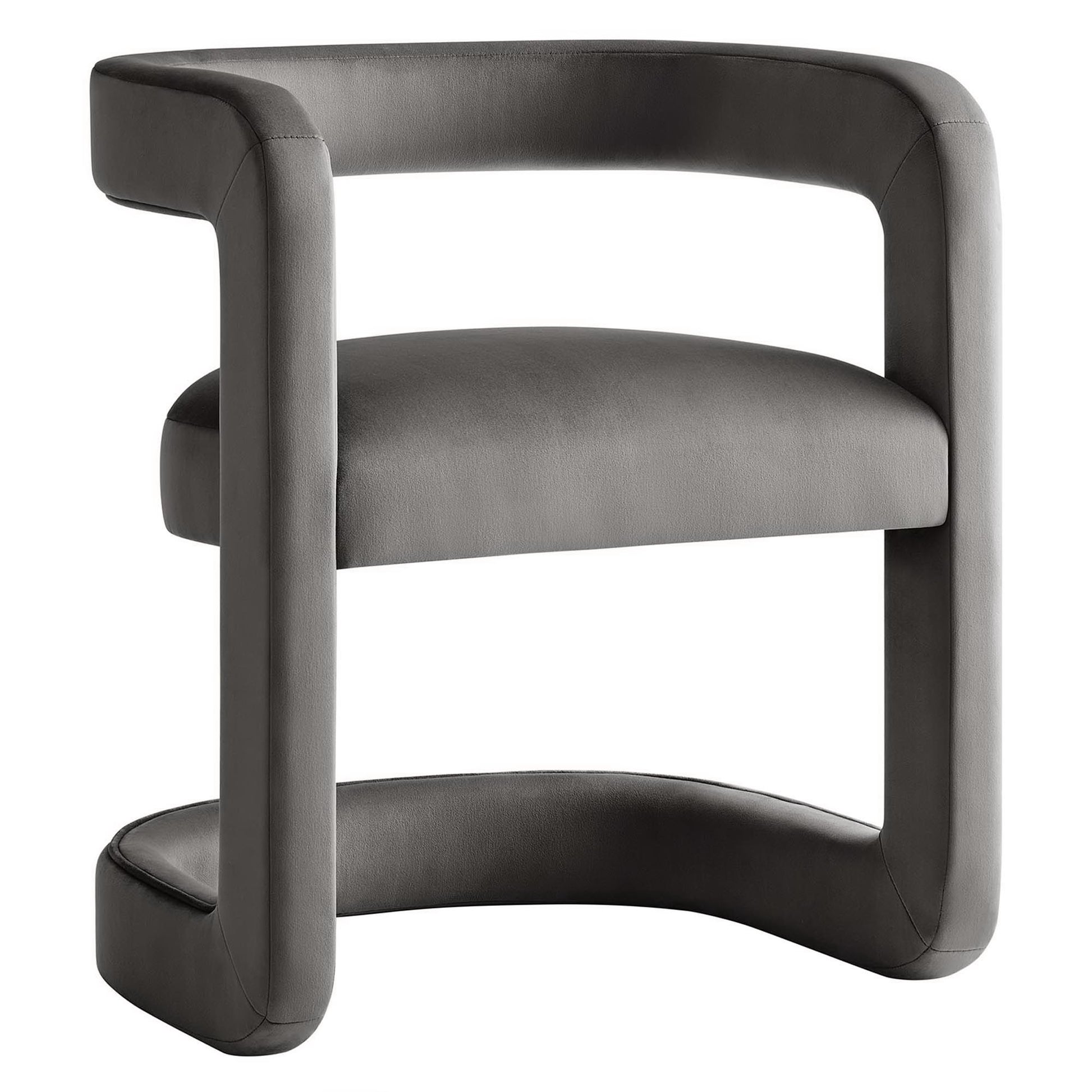 Gray upholstered curved-arm accent chair with a rounded U-shaped frame and cushioned seat.