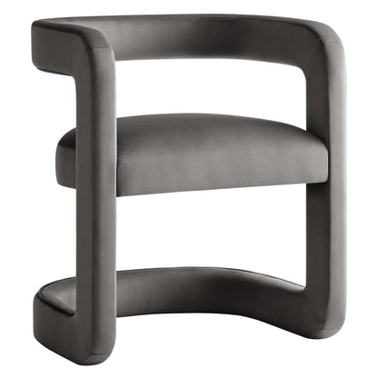 Gray upholstered curved-arm accent chair with a rounded U-shaped frame and cushioned seat.