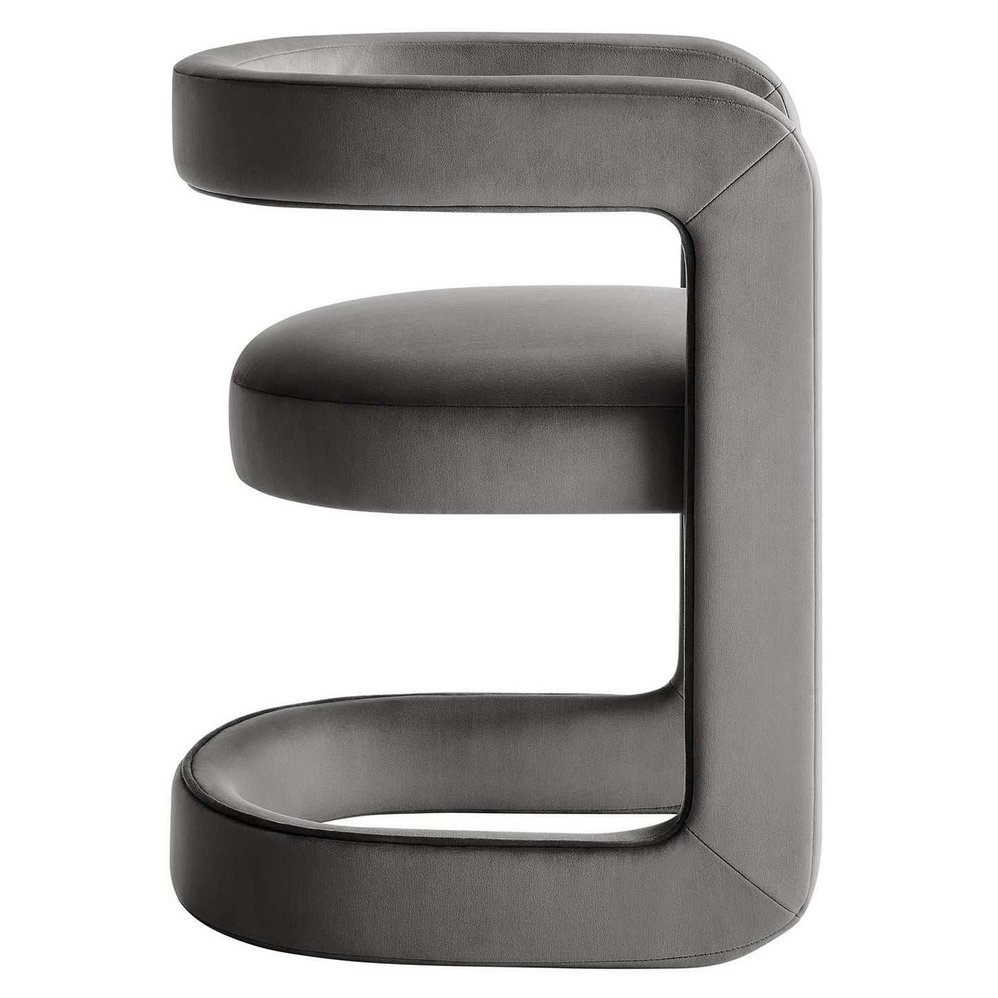 Grey velvet sculptural barrel accent chair with a continuous C-shaped frame and rounded cushions, modern contemporary seating.