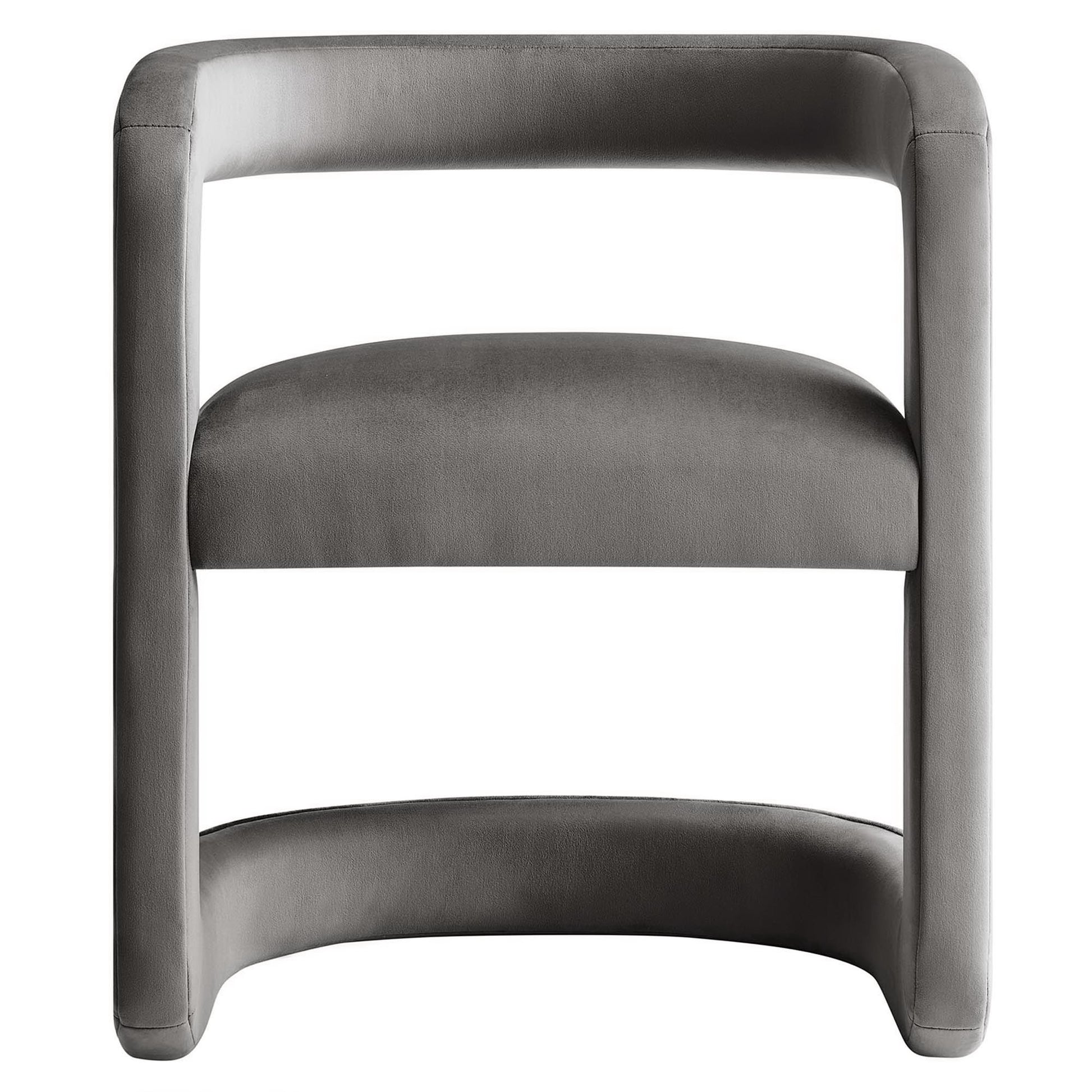 Modern gray upholstered barrel accent chair with a curved U-shaped back and two padded cushions.
