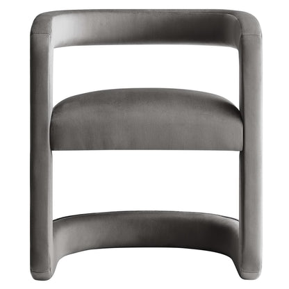 Modern gray upholstered barrel accent chair with a curved U-shaped back and two padded cushions.