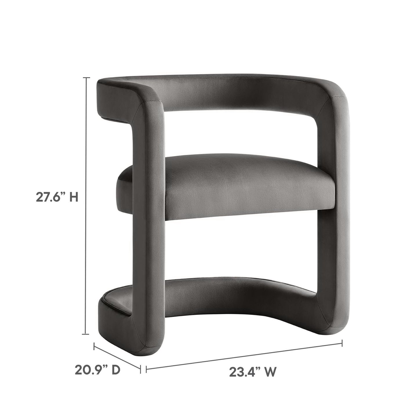 Grey velvet padded barrel accent chair with a rounded, continuous loop back; modern armless seating.