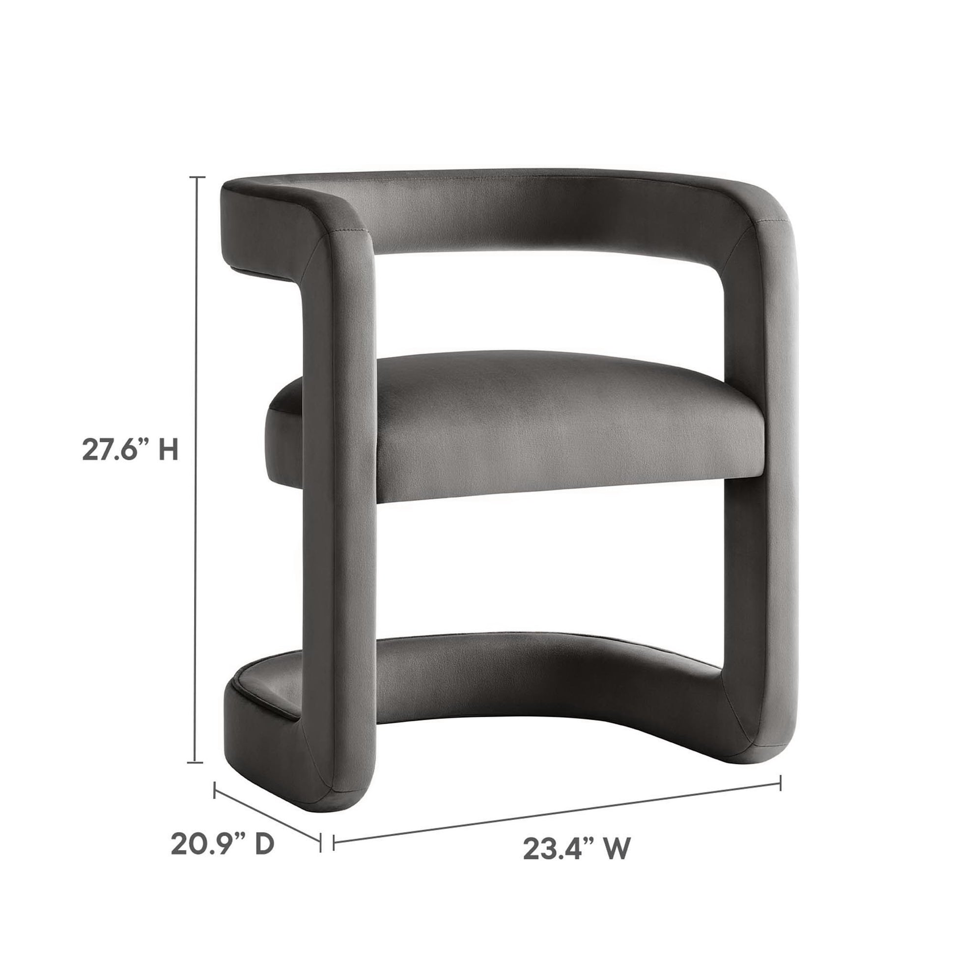 Grey velvet padded barrel accent chair with a rounded, continuous loop back; modern armless seating.