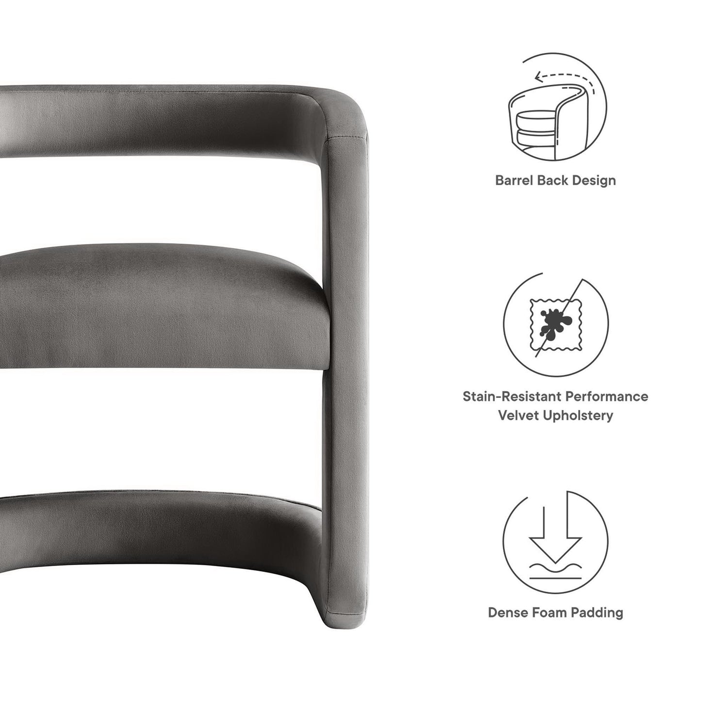 Grey velvet barrel-back accent chair with curved arms and dense foam padding.