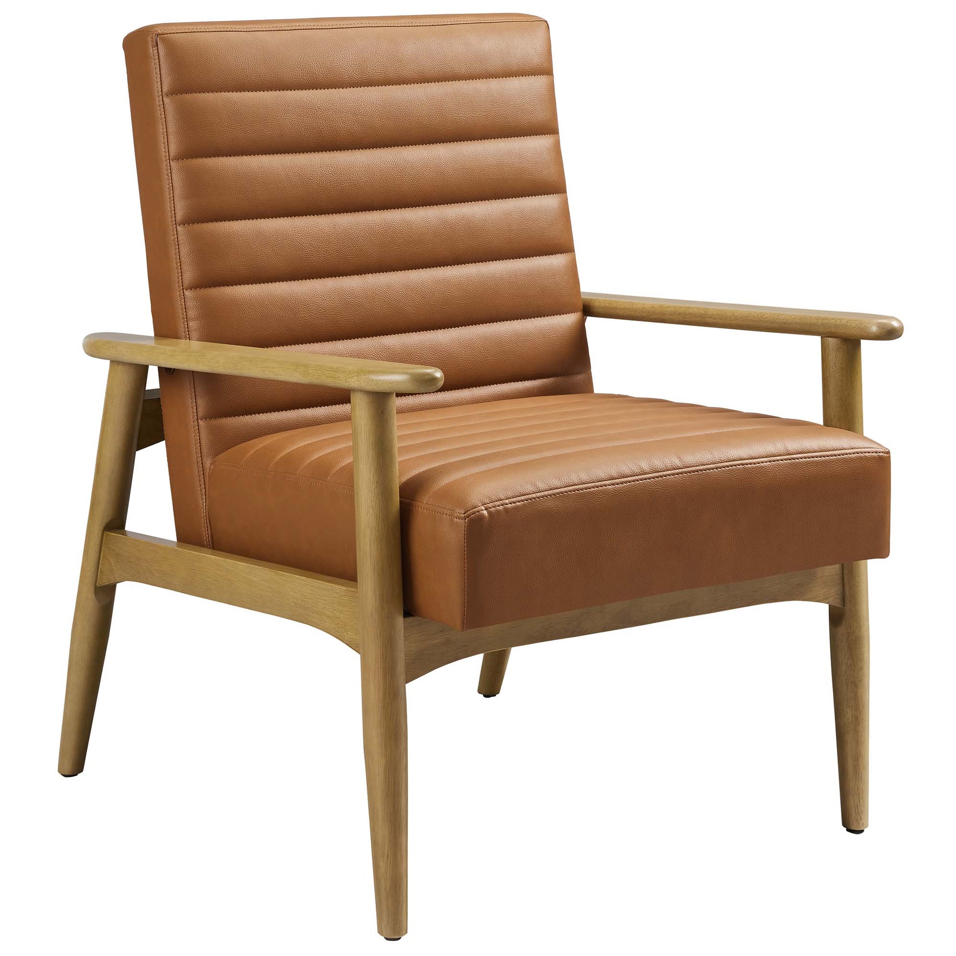 Tan vegan leather upholstered mid-century armchair with ribbed backrest, cushioned seat, and light wood frame.