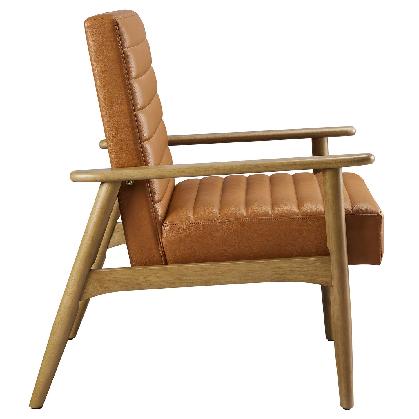 Tan vegan leather accent chair with a light oak wood frame & armrests, in a mid-century modern style.