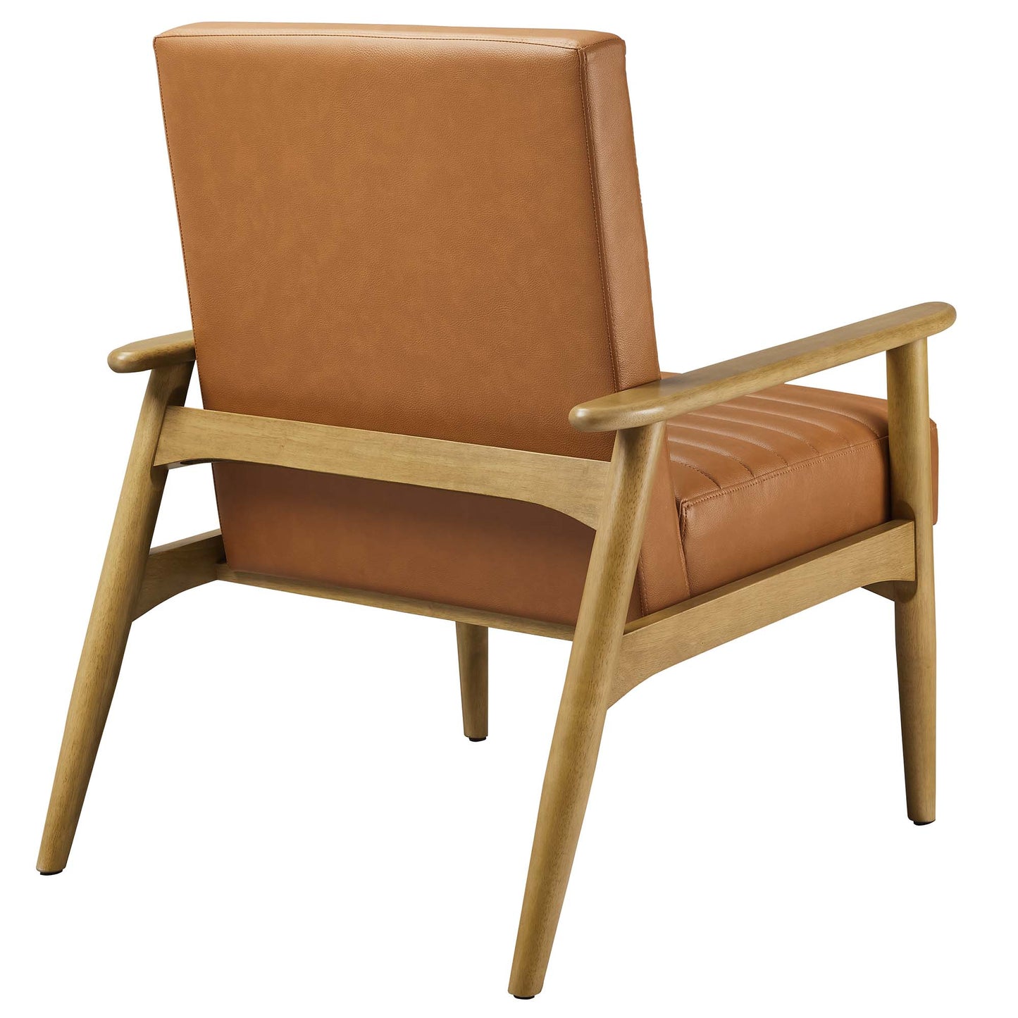 Mid-century modern accent chair with light wood frame and tan vegan leather back and seat cushions.