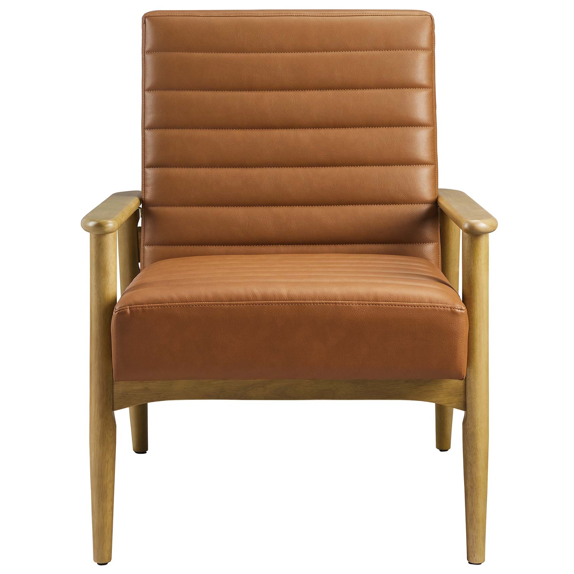 Tan vegan leather accent chair with horizontal channel stitching, wooden frame and arms, mid-century modern style.