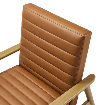 Brown vegan leather accent chair with padded, ribbed back and seat; light wood armrests, mid-century modern style.