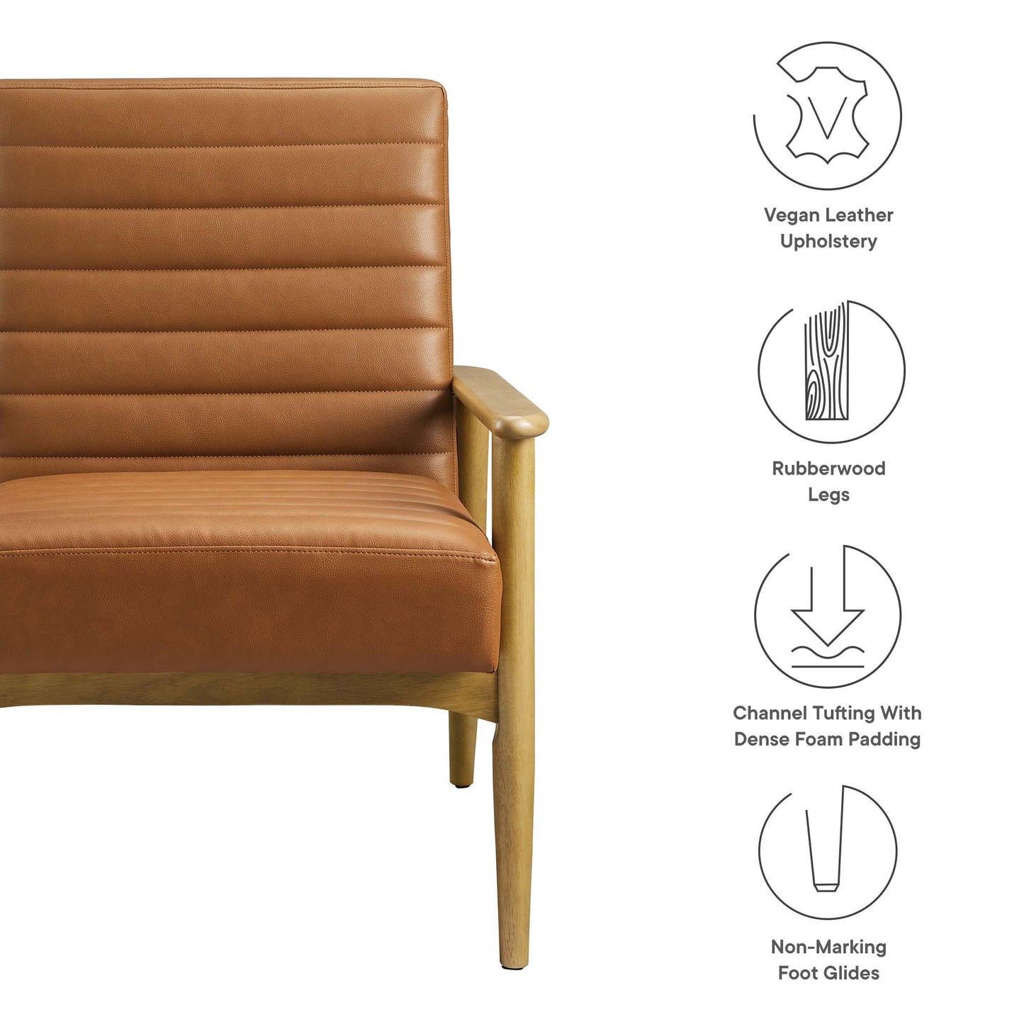 Brown vegan leather accent chair with ribbed channel tufting, rubberwood legs and cushioned seat; non-marking foot glides.
