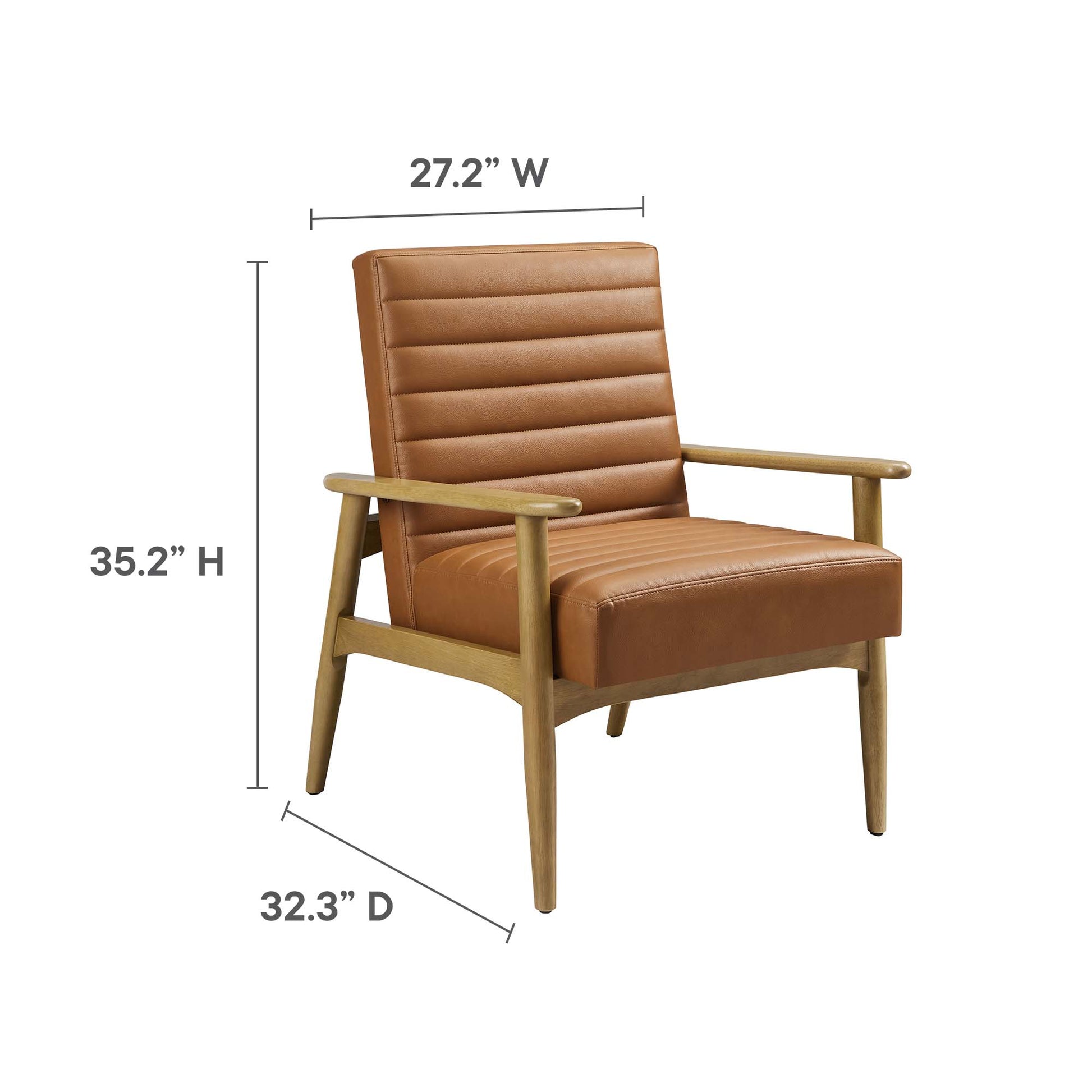 Brown vegan leather accent chair with a light wood frame, rounded armrests, and a padded horizontal back.