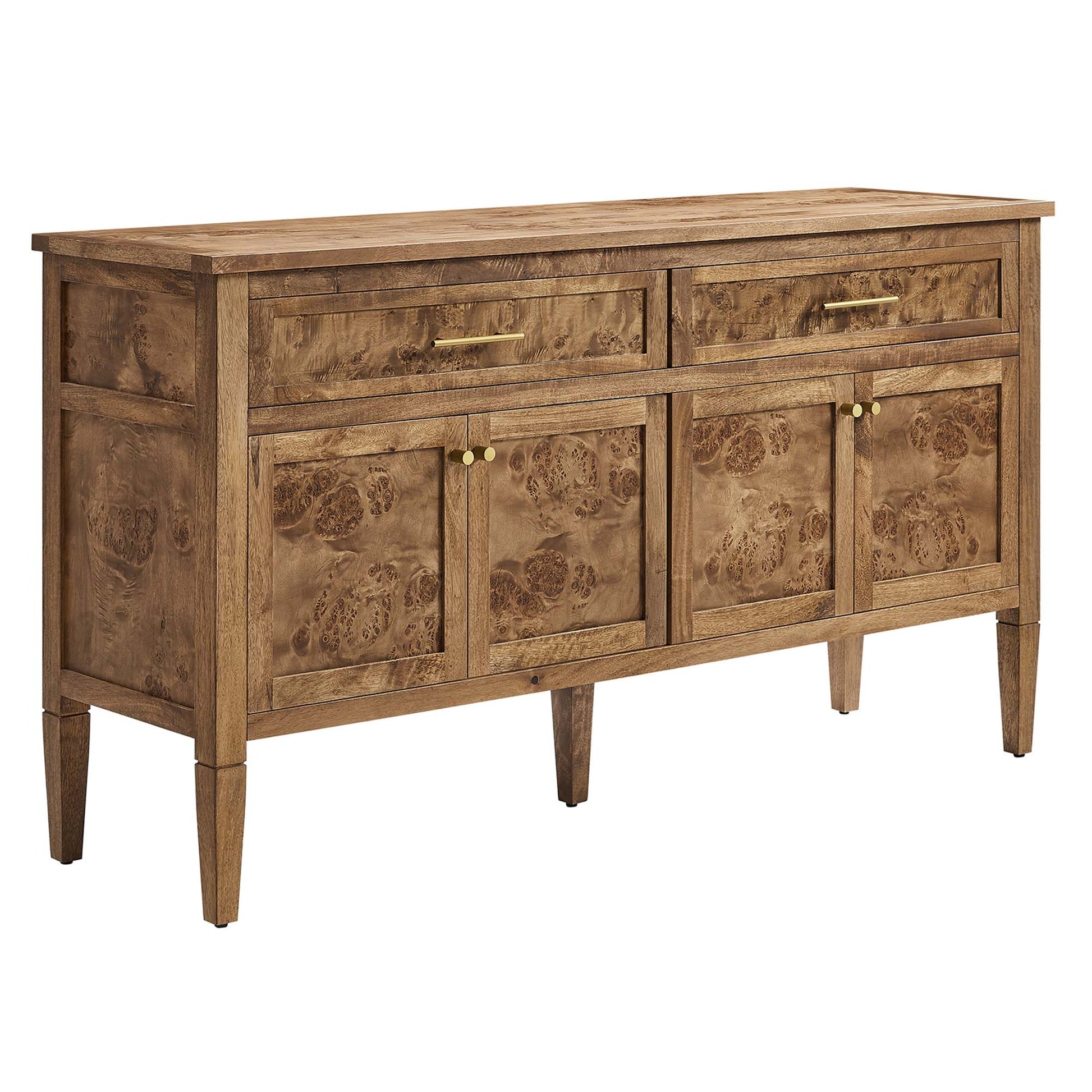 Brown wood sideboard with 2 top drawers, 4 floral veneer cabinet doors, brass knobs, tapered legs.