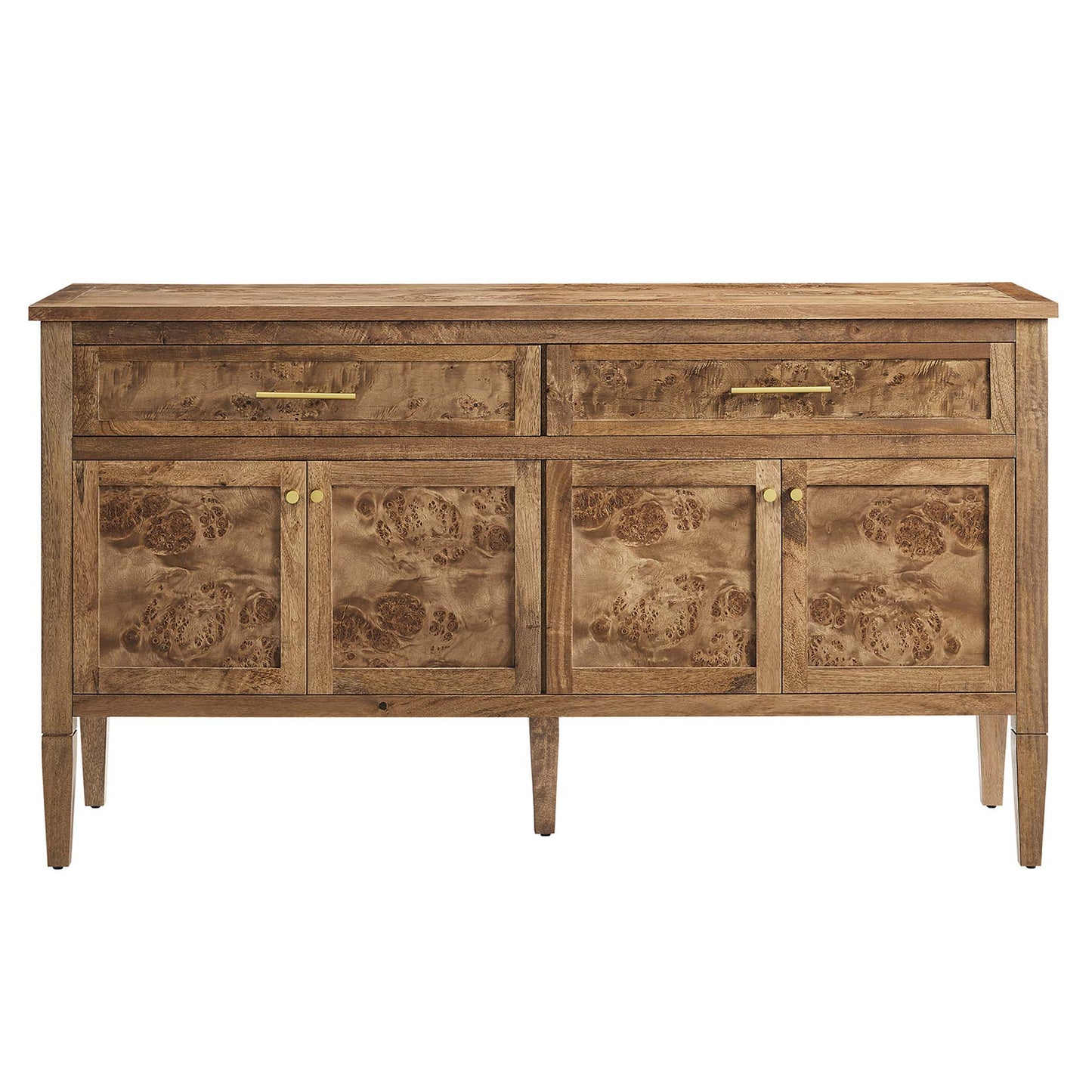 Brown burl wood sideboard with two top drawers and four cabinet doors, brass knobs, tapered legs.