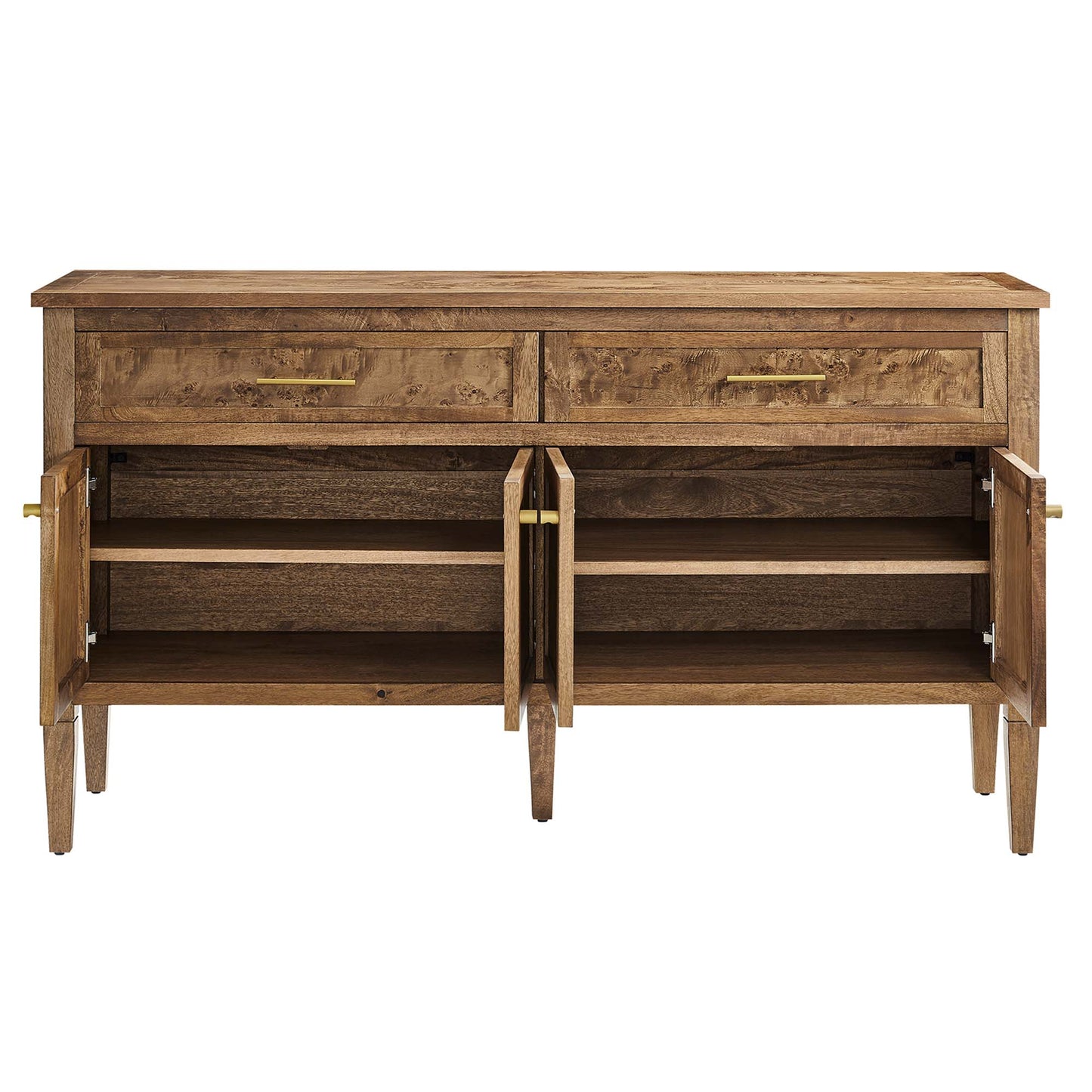 Brown wood sideboard with two top drawers and double-door cabinets with interior shelves, brass pulls.