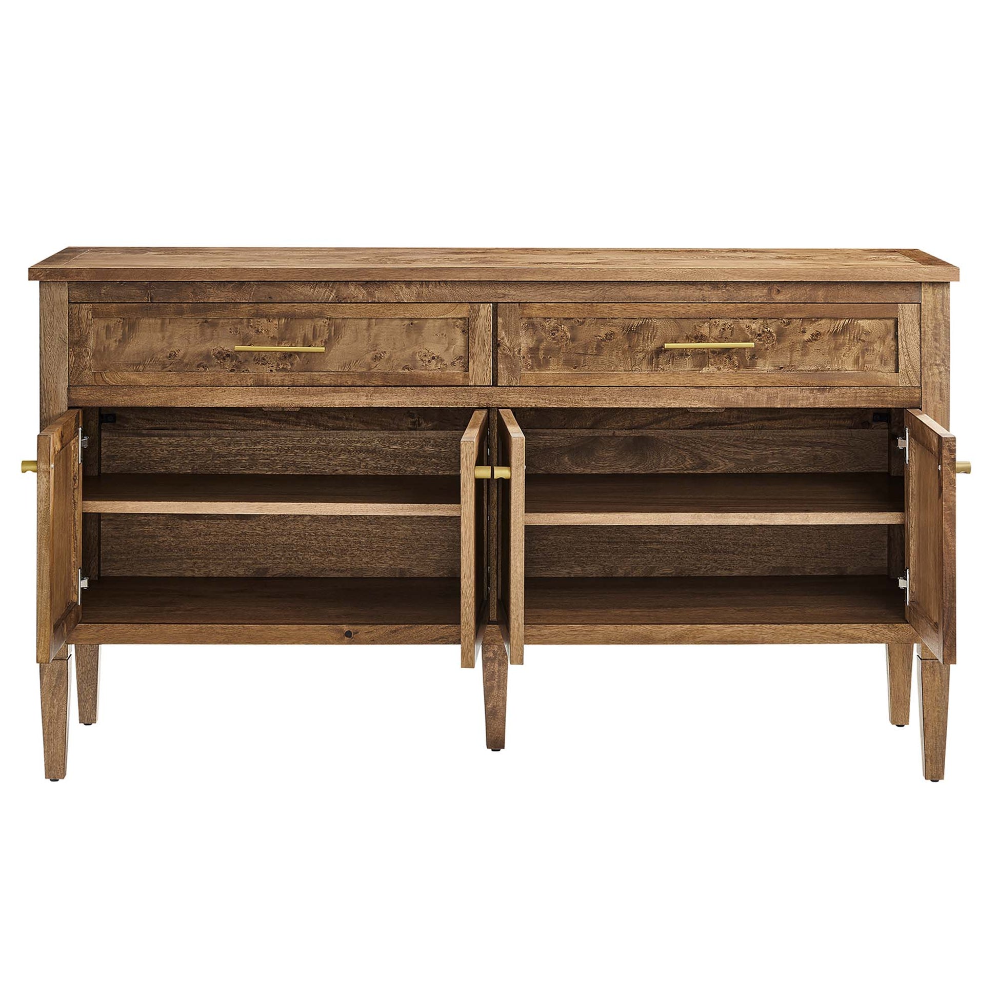 Brown wood sideboard with two top drawers and double-door cabinets with interior shelves, brass pulls.