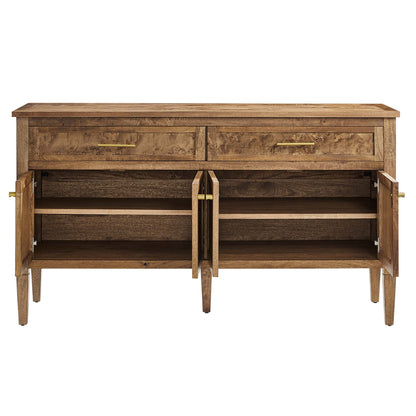 Brown wood sideboard with two top drawers and double-door cabinets with interior shelves, brass pulls.